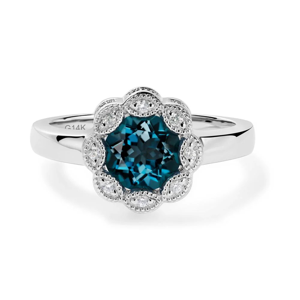 Vintage London Blue Topaz Ring Halo Flower Ring - Image 2