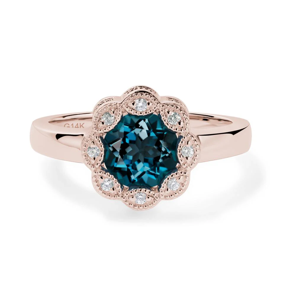 Vintage London Blue Topaz Ring Halo Flower Ring - Image 3