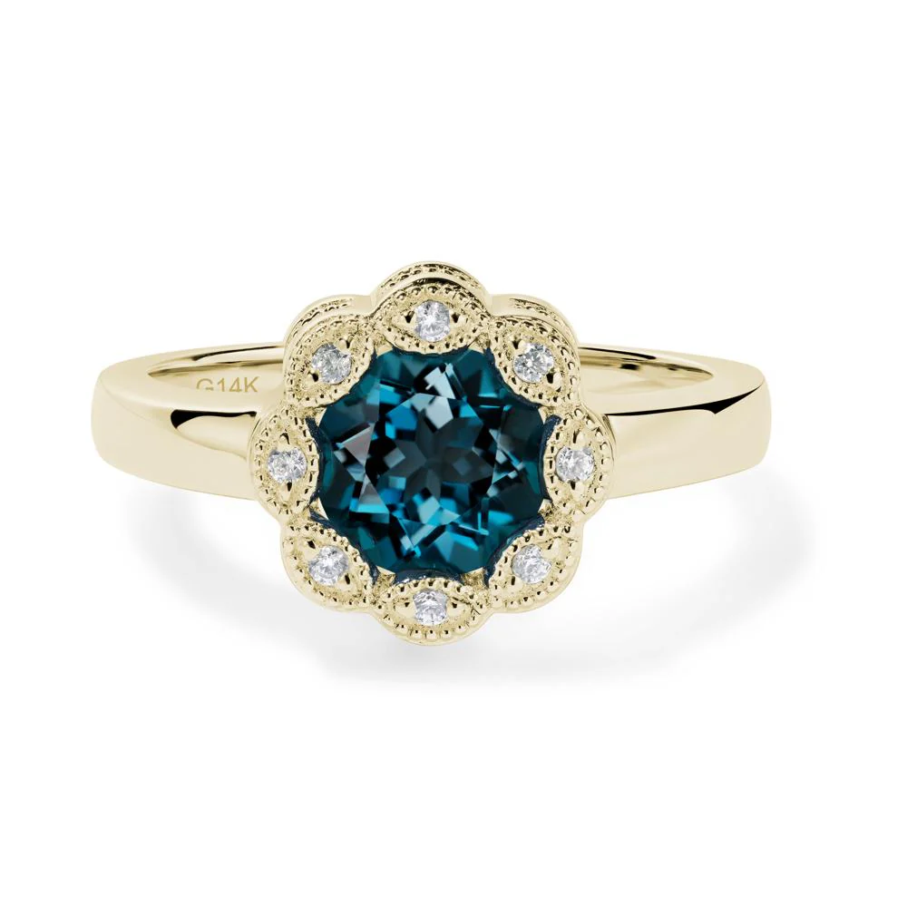 Vintage London Blue Topaz Ring Halo Flower Ring - Image 5