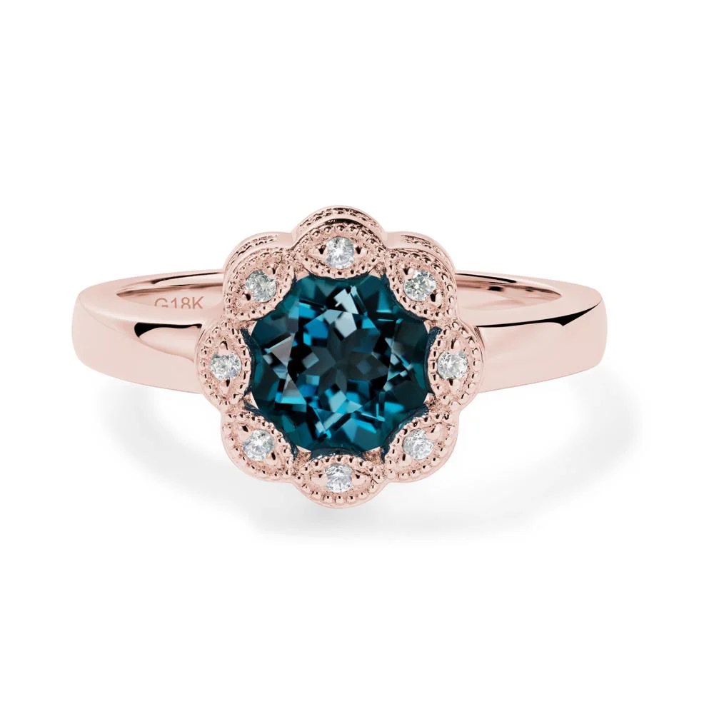 Vintage London Blue Topaz Ring Halo Flower Ring - Image 8