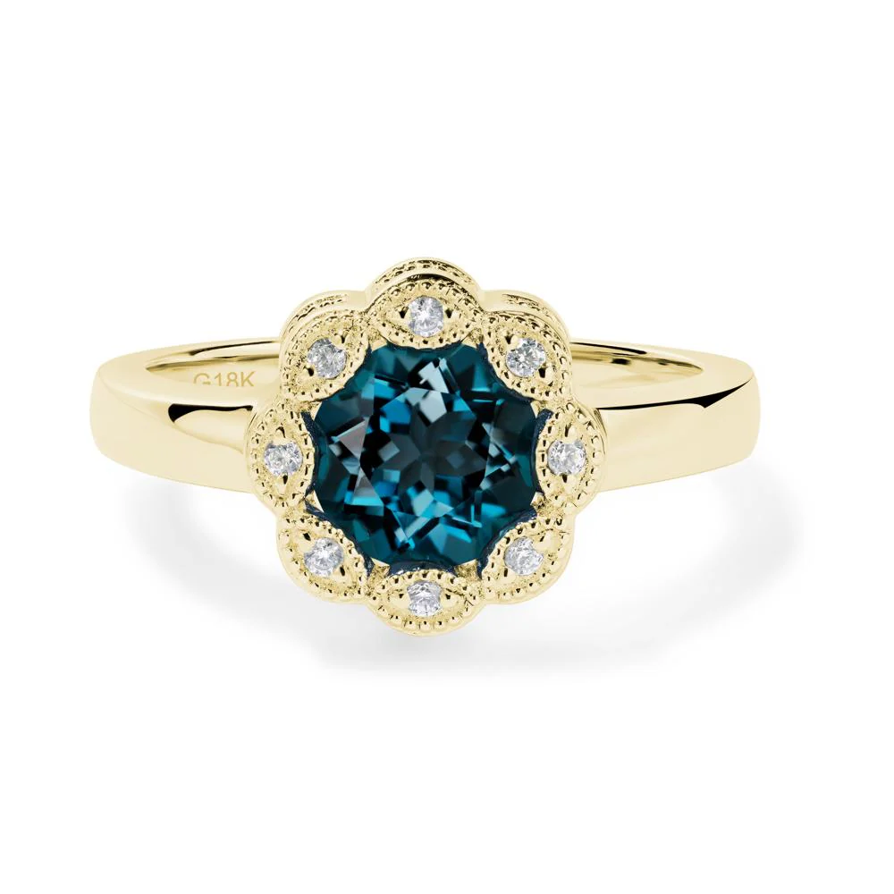 Vintage London Blue Topaz Ring Halo Flower Ring - Image 9