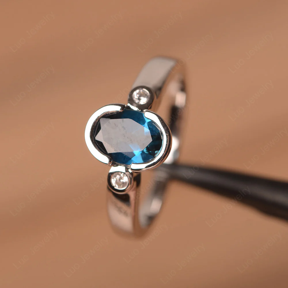 Vintage London Blue Topaz Ring Oval Bezel Set Ring