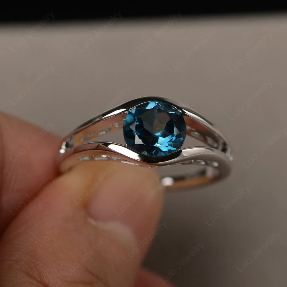 Round London Blue Topaz Solitaire Tension Ring