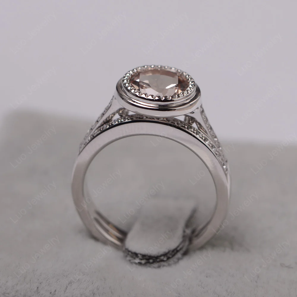 Vintage Style Morganite Bridal Rings Set - Image 4