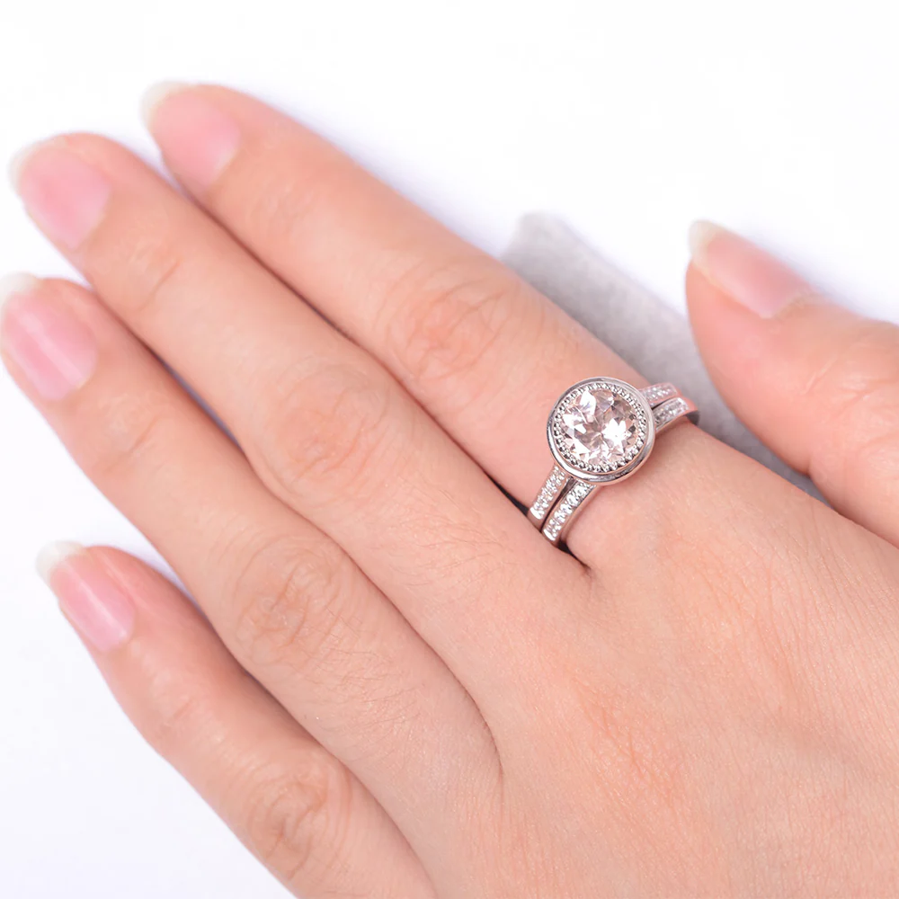 Vintage Style Morganite Bridal Rings Set - Image 5