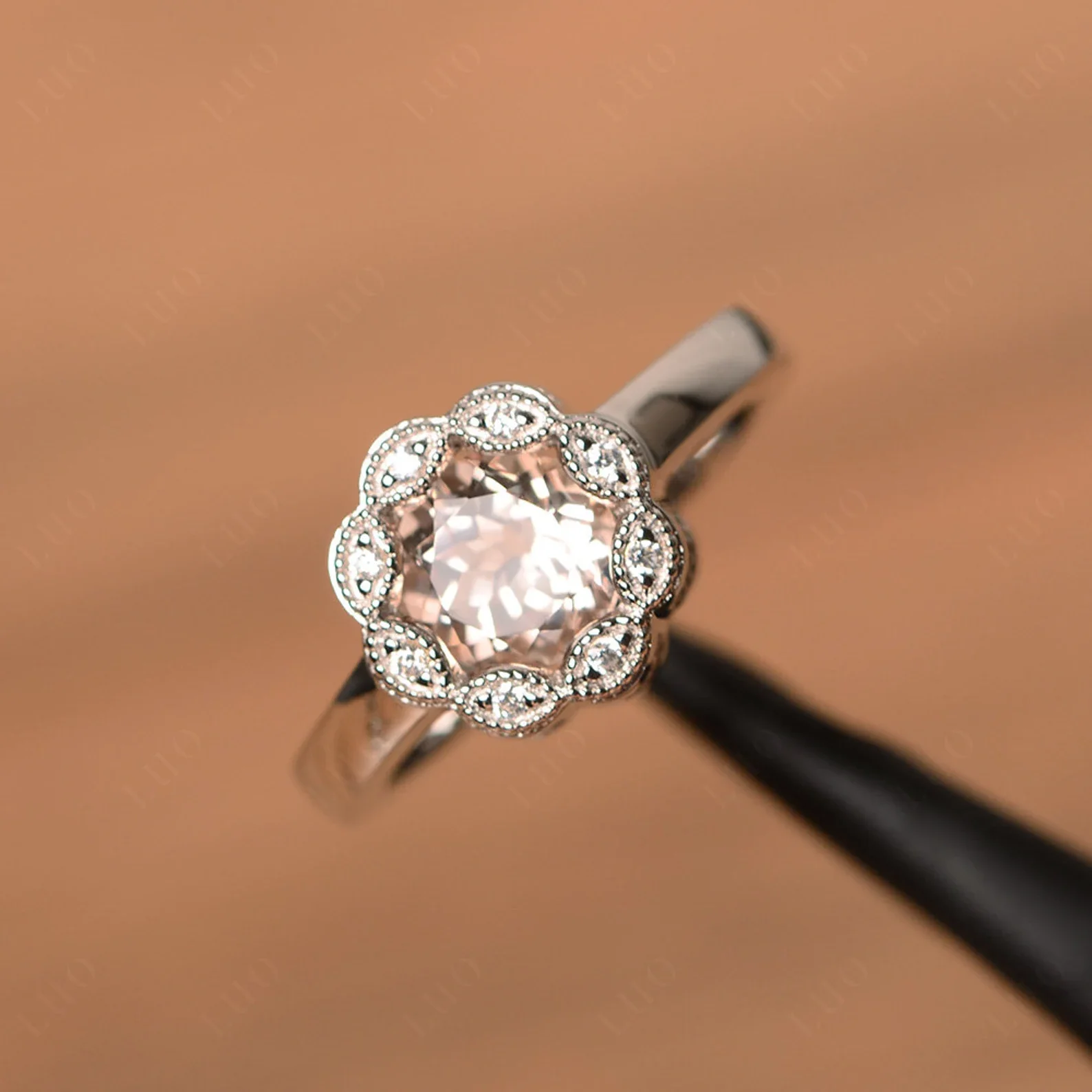 Vintage Morganite Ring Halo Flower Ring - Image 10