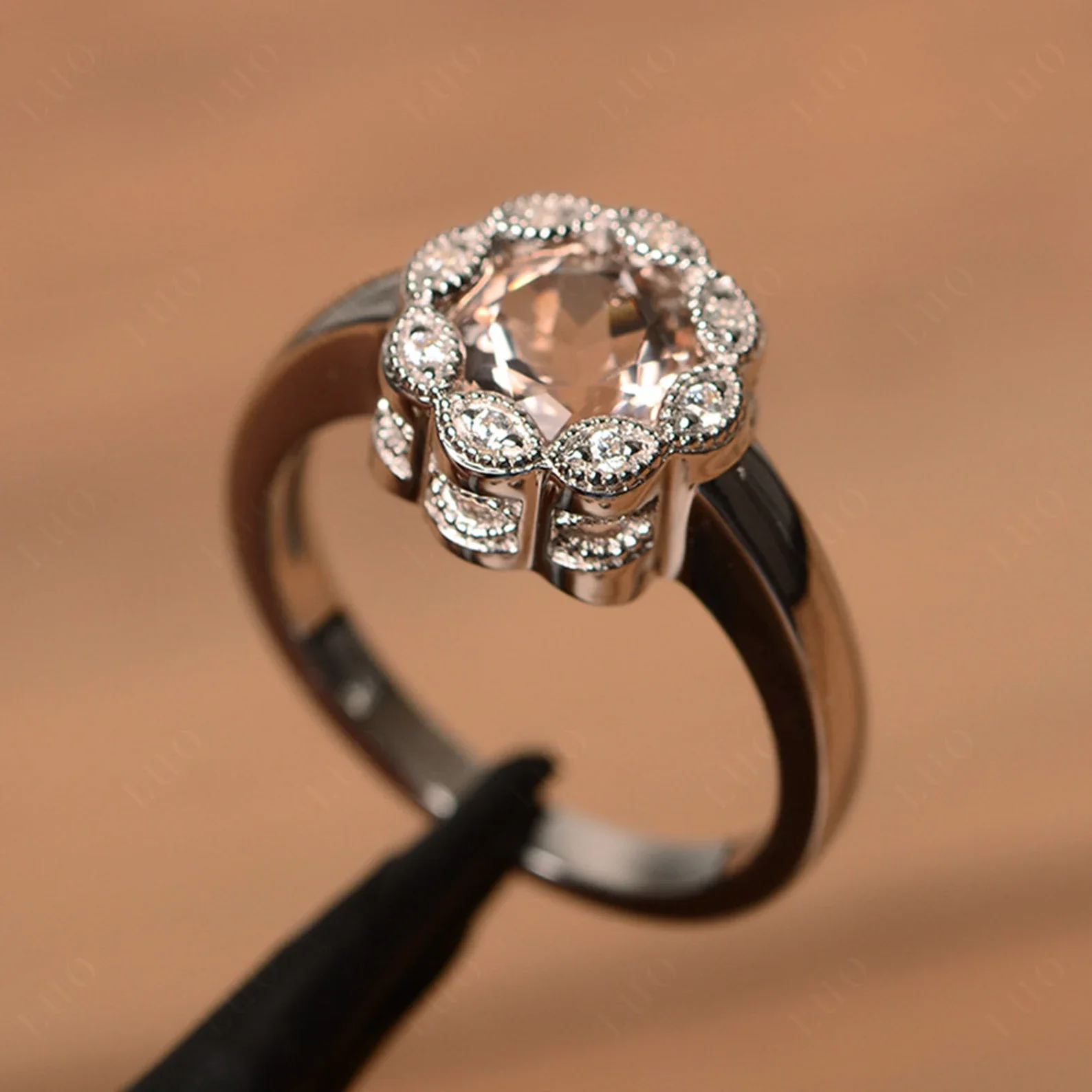 Vintage Morganite Ring Halo Flower Ring - Image 11