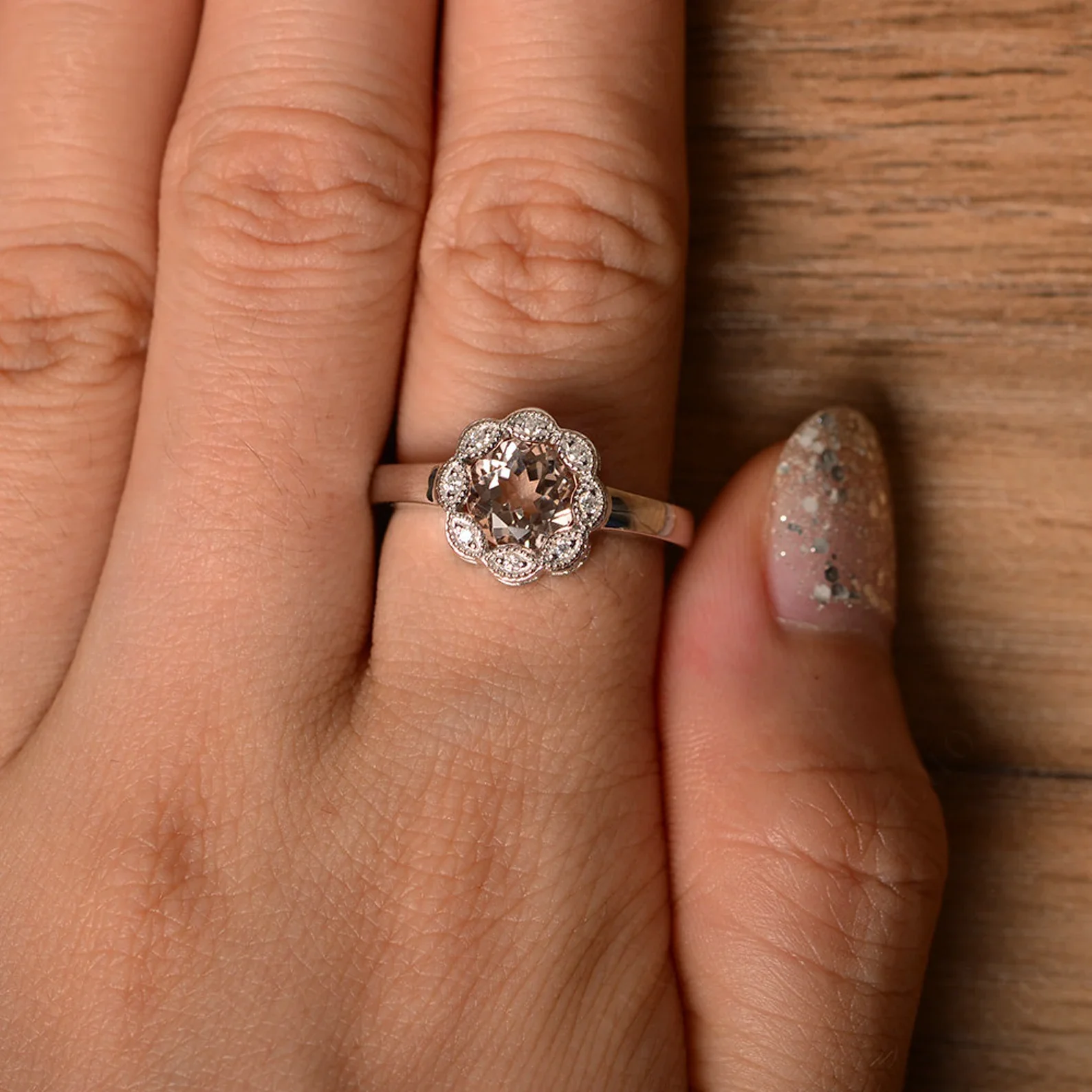 Vintage Morganite Ring Halo Flower Ring - Image 13