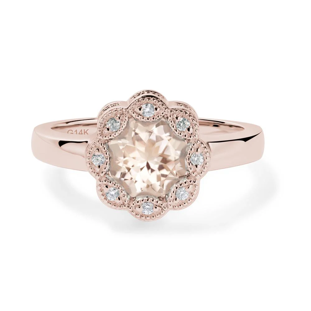 Vintage Morganite Ring Halo Flower Ring - Image 5