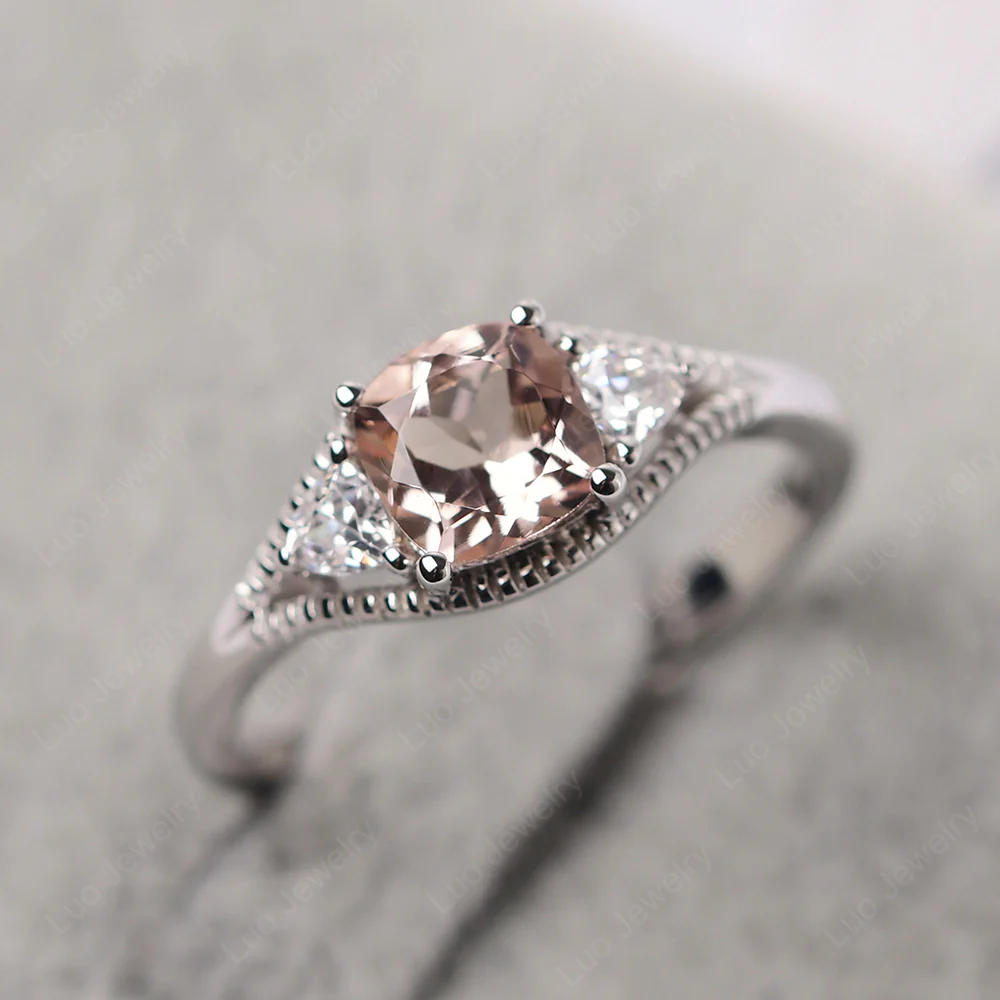 Morganite Three Stone Cushion Cut Ring