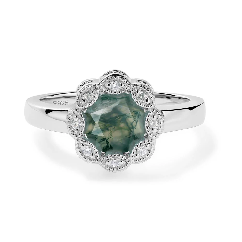 Vintage Moss Agate Halo Flower Ring - Image 8