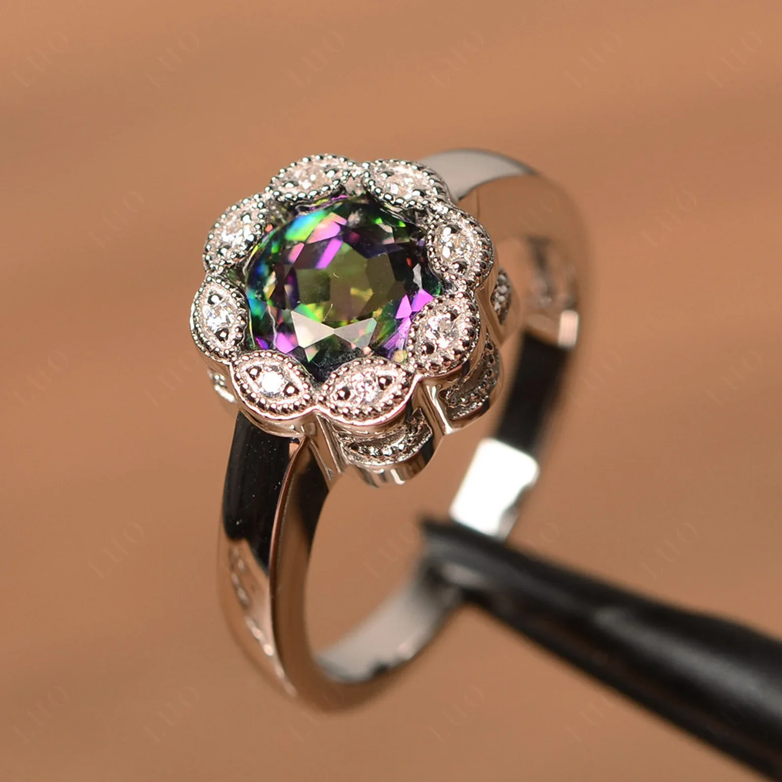 Vintage Mystic Topaz Ring Halo Flower Ring - Image 10