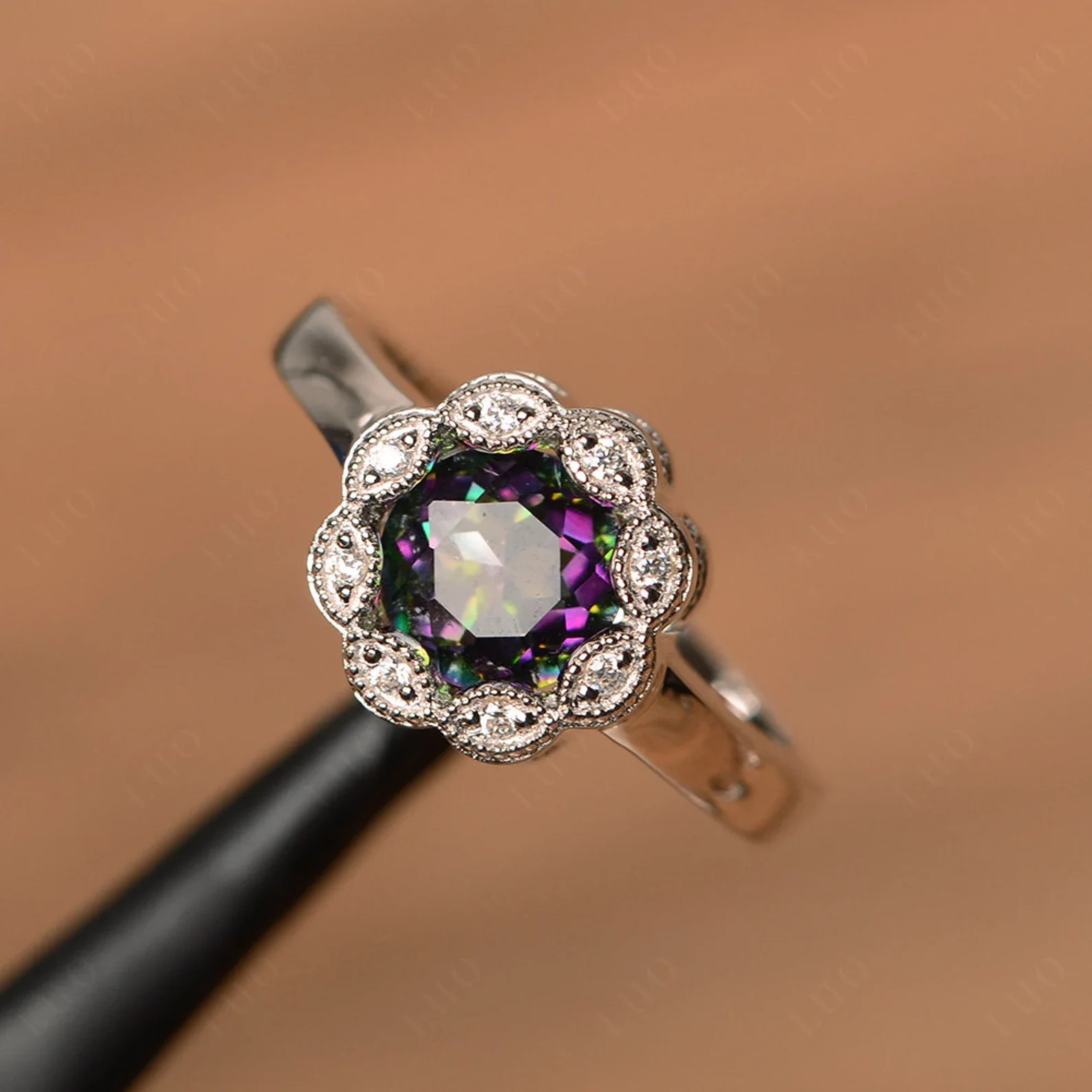Vintage Mystic Topaz Ring Halo Flower Ring - Image 11