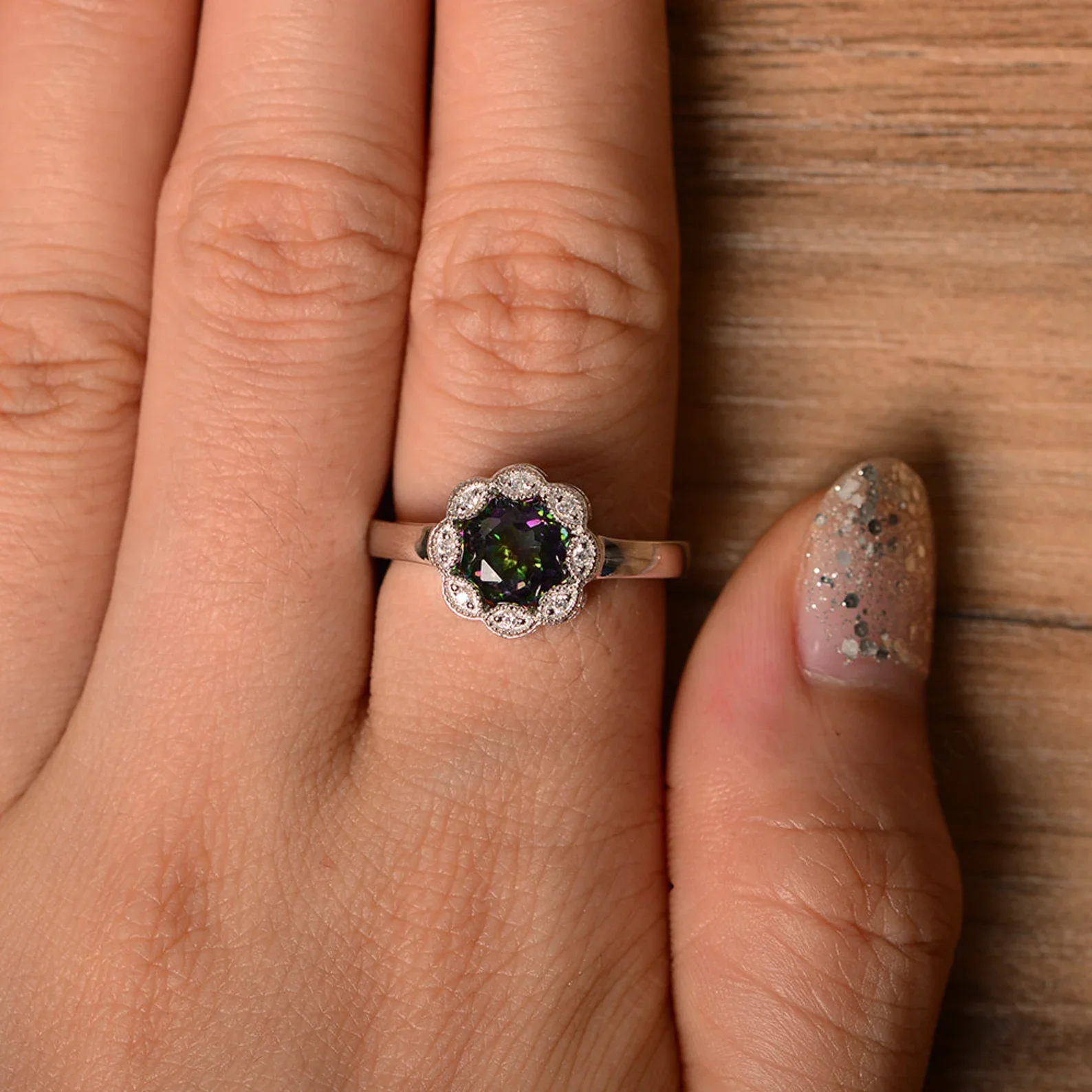 Vintage Mystic Topaz Ring Halo Flower Ring - Image 13