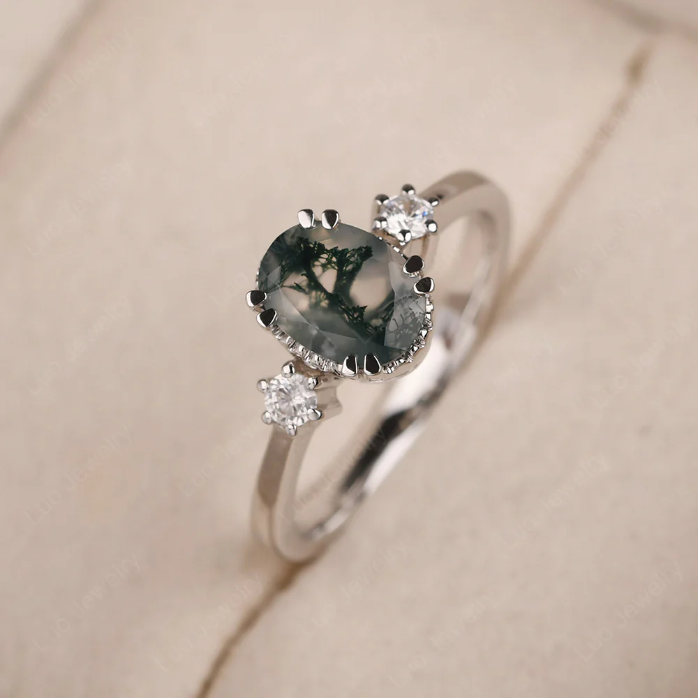 Oval Moss Agate Double Prong Ring - Image 2