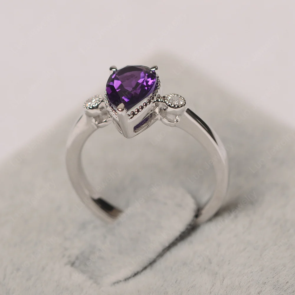 Milgrain Pear Shaped Amethyst Ring - Image 3