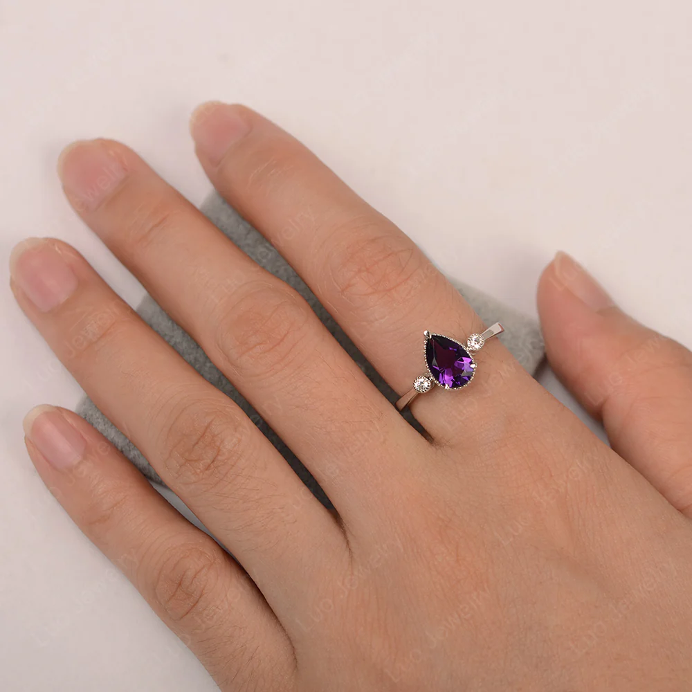 Milgrain Pear Shaped Amethyst Ring - Image 4