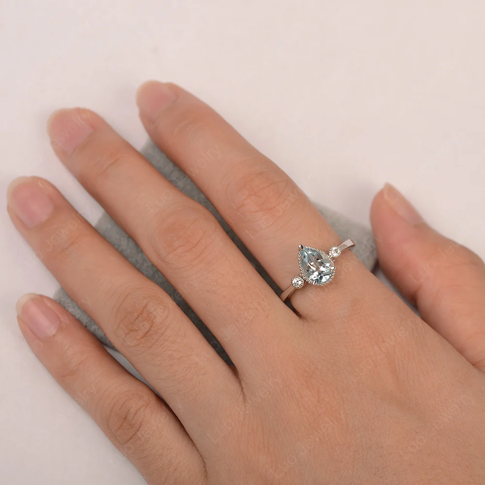 Milgrain Pear Shaped Aquamarine Ring - Image 3
