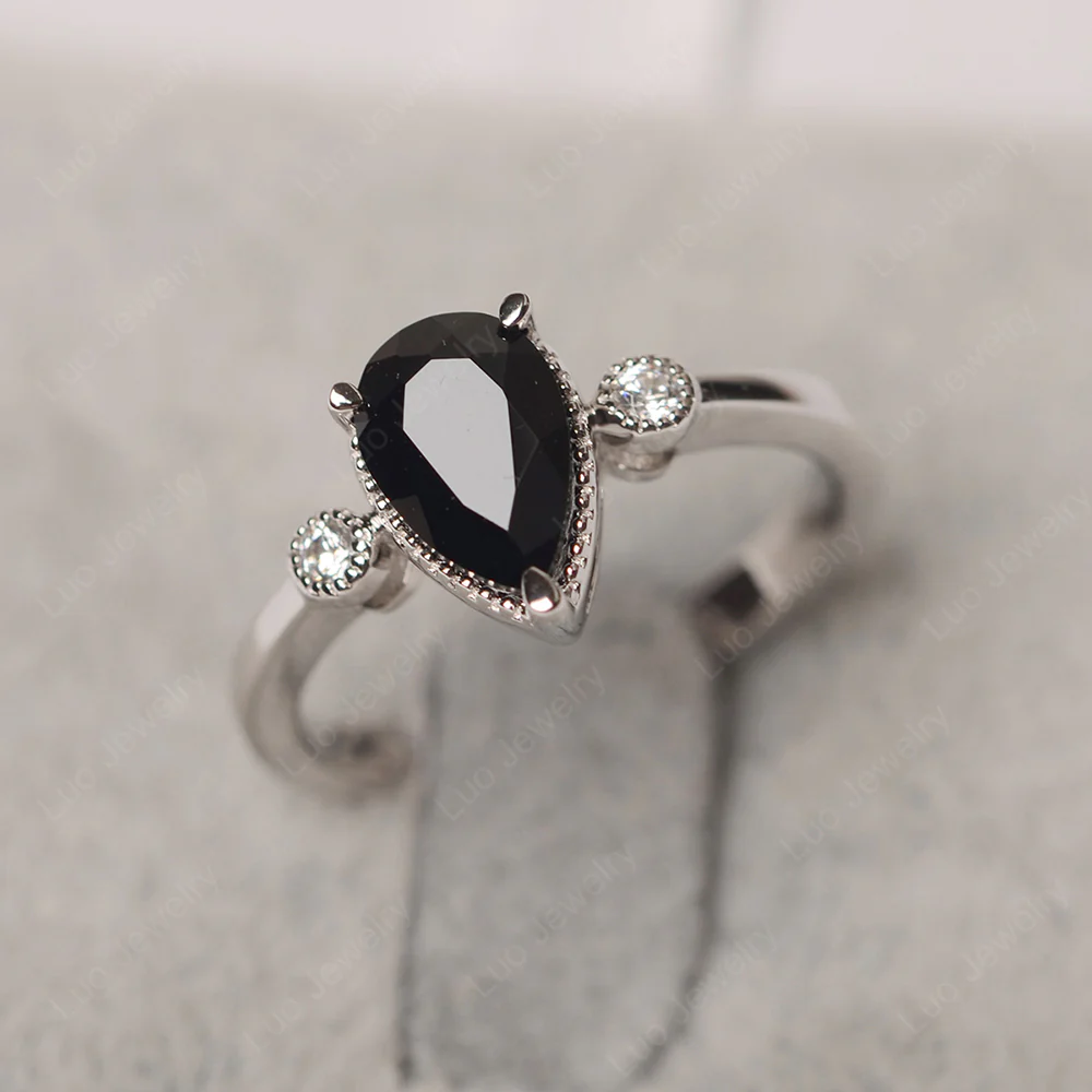 Milgrain Pear Shaped Black Spinel Ring