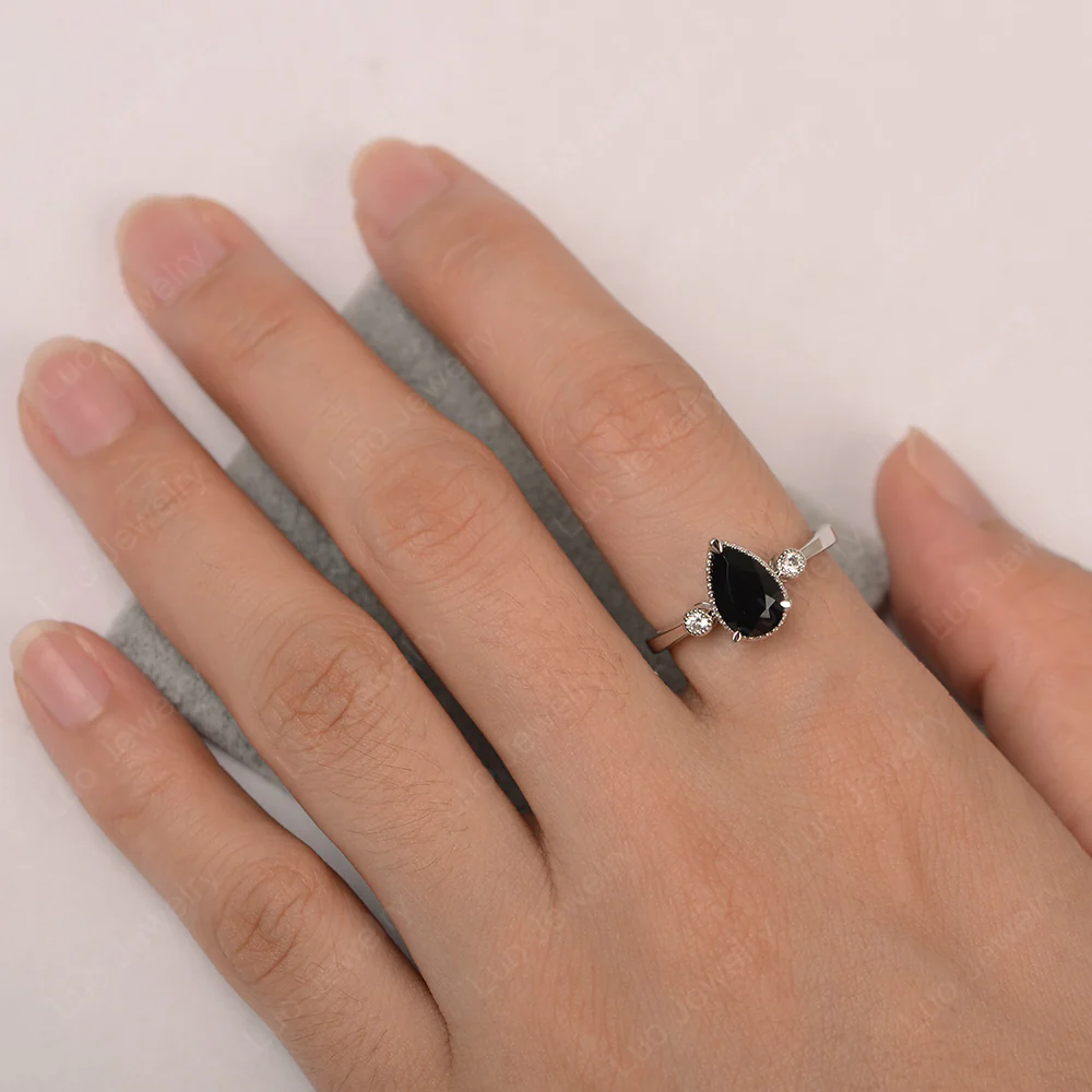 Milgrain Pear Shaped Black Spinel Ring - Image 2