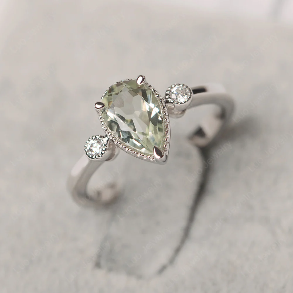 Milgrain Pear Shaped Green Amethyst Ring