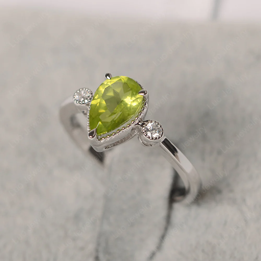 Milgrain Pear Shaped Peridot Ring - Image 2