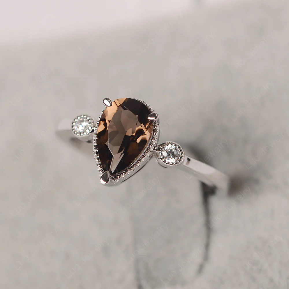 Milgrain Pear Shaped Smoky Quartz Ring