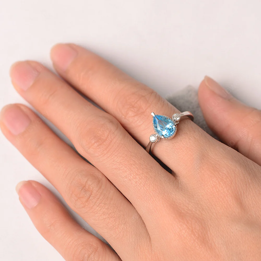Milgrain Pear Shaped Swiss Blue Topaz Ring - Image 4