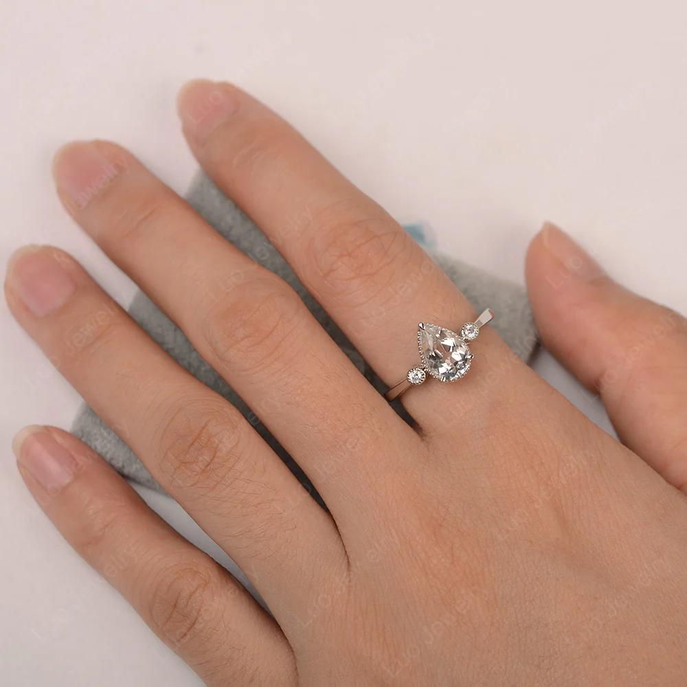 Milgrain Pear Shaped White Topaz Ring - Image 3