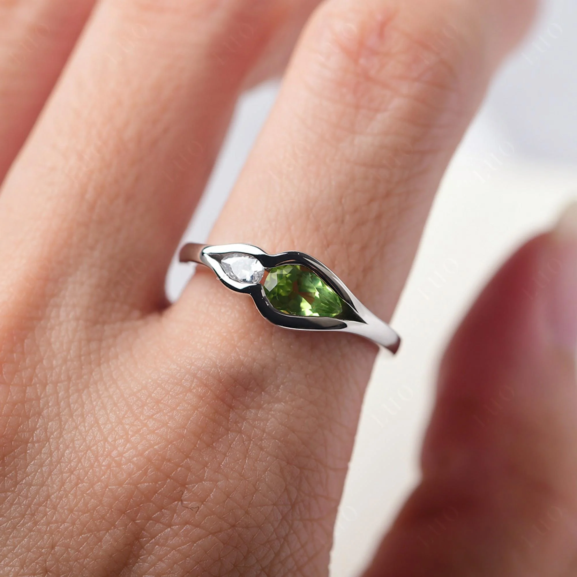 Peridot Bezel Pear Engagement Ring - Image 14
