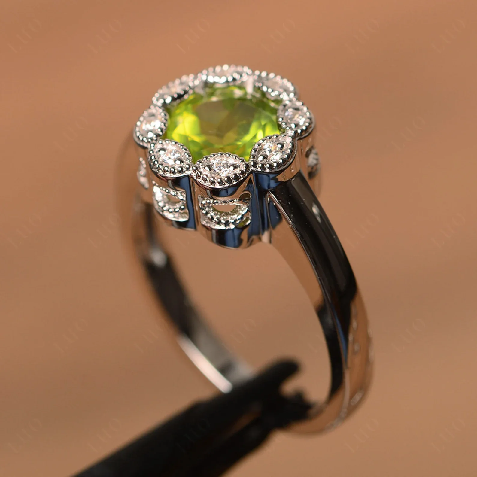 Vintage Peridot Ring Halo Flower Ring - Image 11