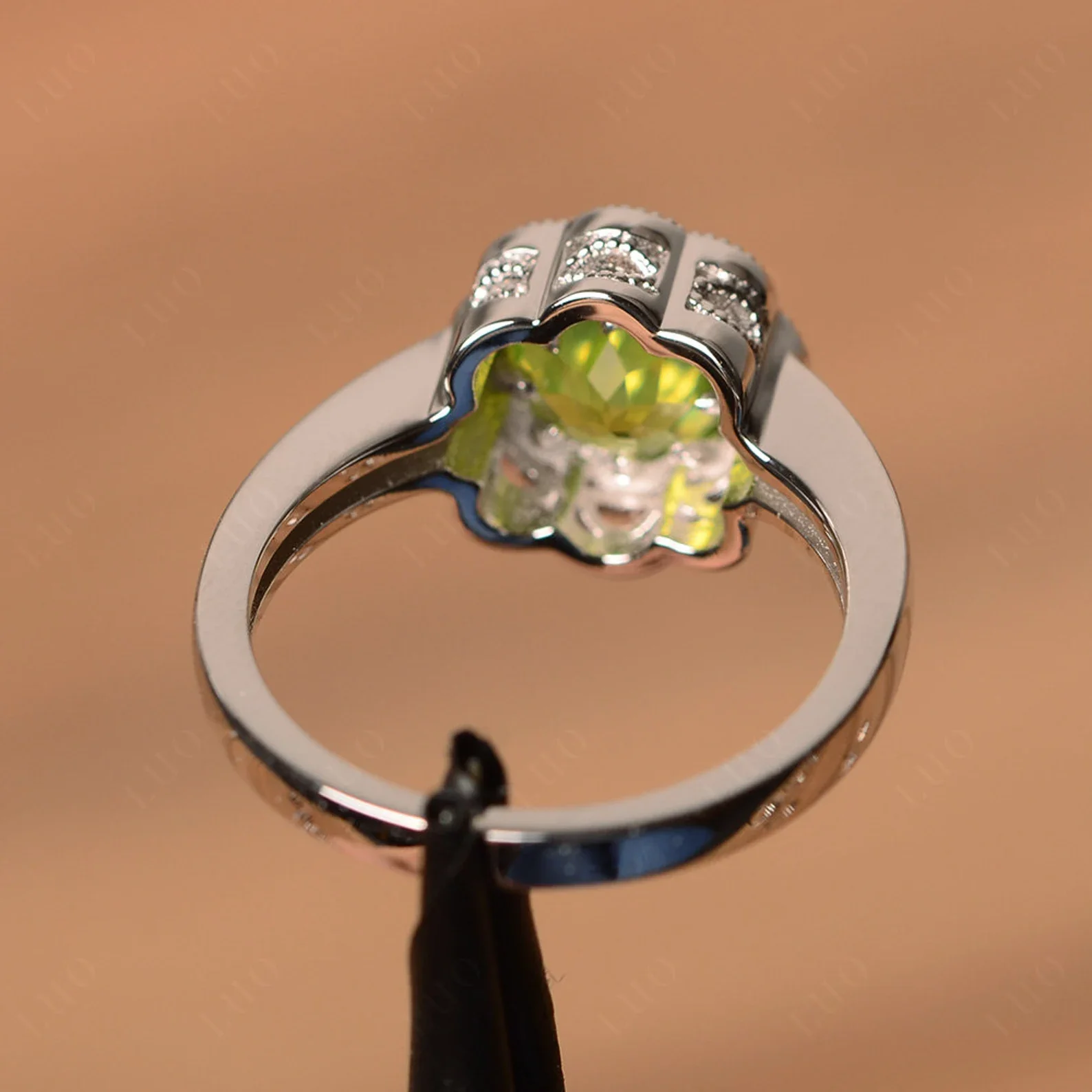 Vintage Peridot Ring Halo Flower Ring - Image 12