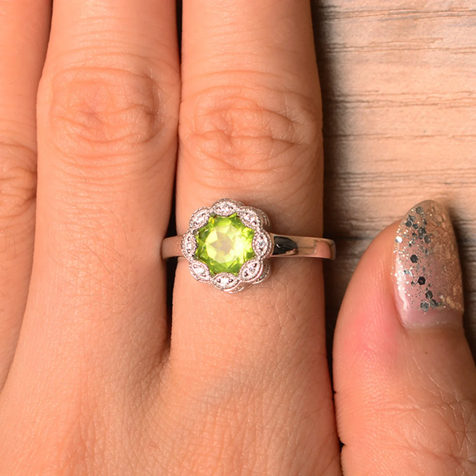 Vintage Peridot Ring Halo Flower Ring - Image 13