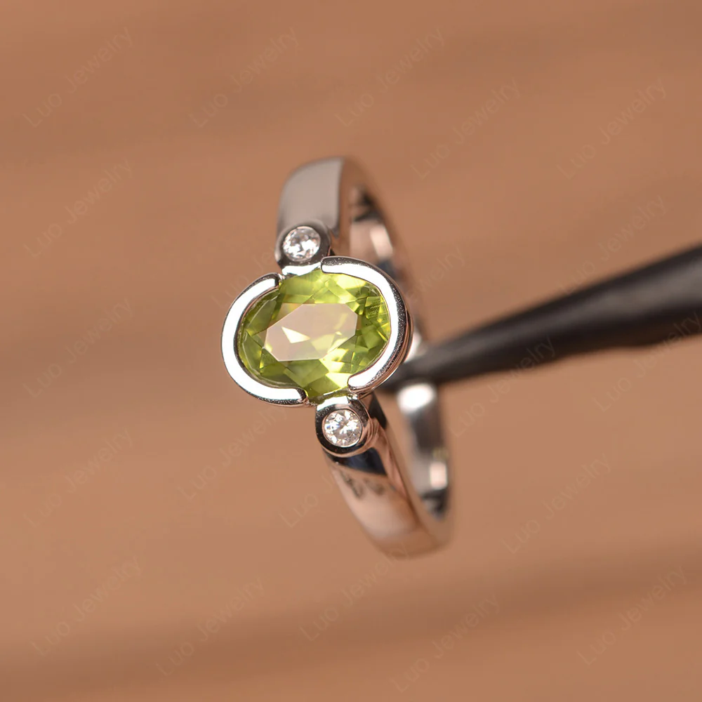 Vintage Peridot Ring Oval Bezel Set Ring