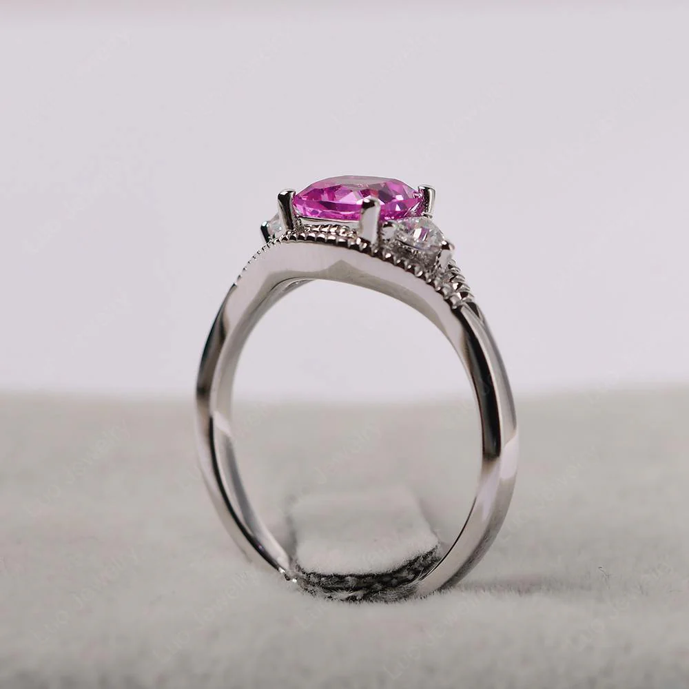 Pink Sapphire Three Stone Cushion Cut Ring - Image 4