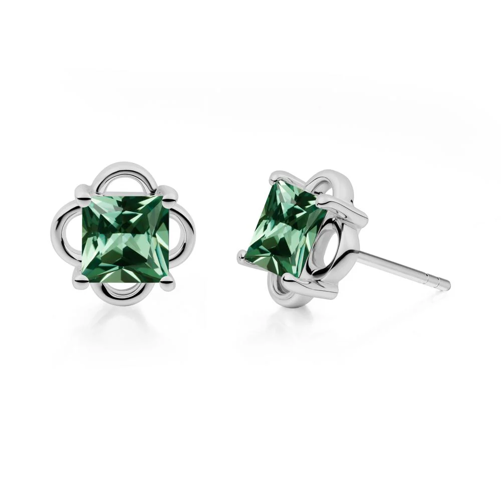 Vintage Princess Cut Green Sapphire Stud Earrings - Image 2