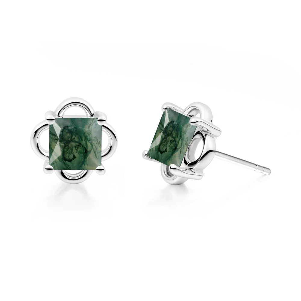 Vintage Princess Cut Moss Agate Stud Earrings