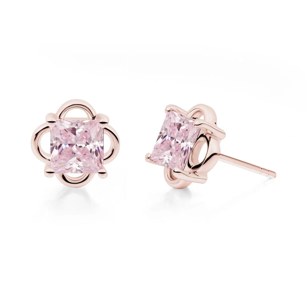 Vintage Princess Cut Pink Cubic Zirconia Stud Earrings - Image 4