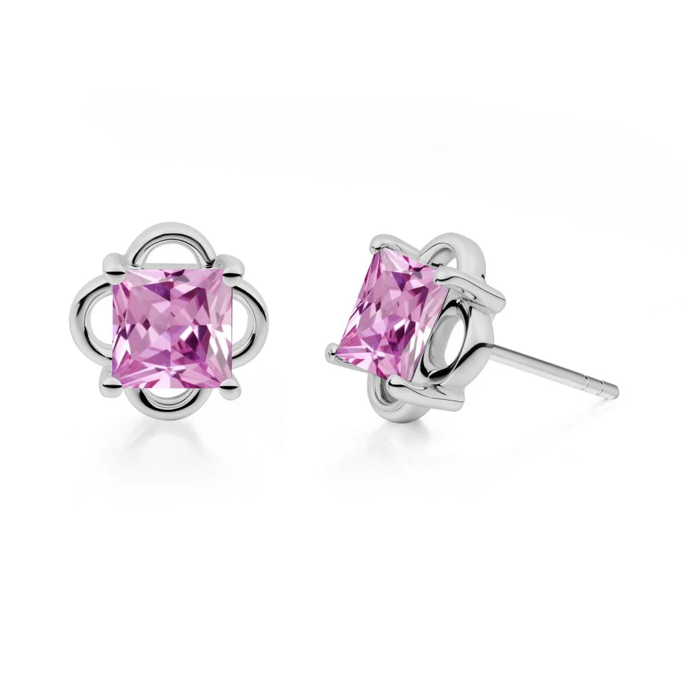 Vintage Princess Cut Pink Sapphire Stud Earrings