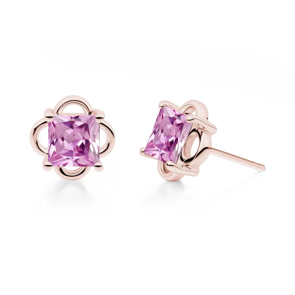 Vintage Princess Cut Pink Sapphire Stud Earrings - Image 5