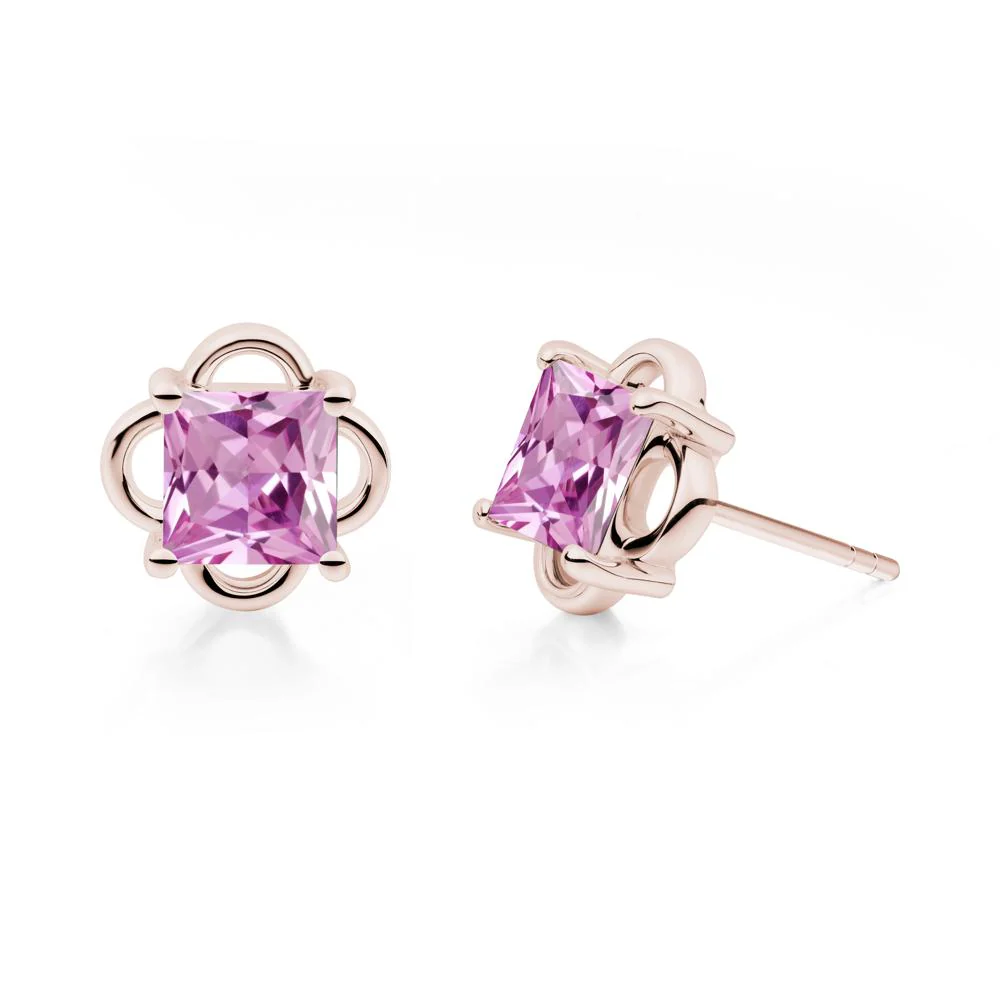Vintage Princess Cut Pink Sapphire Stud Earrings - Image 6