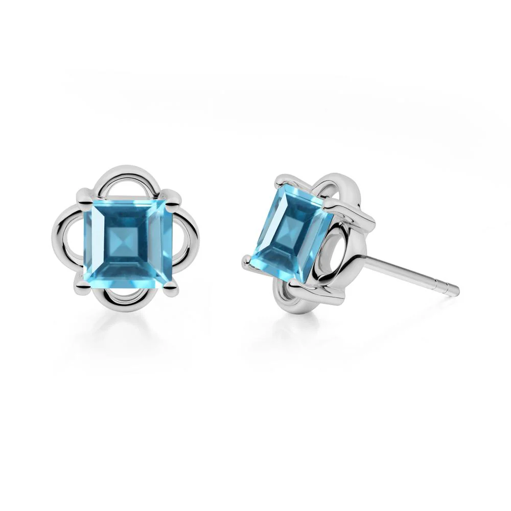 Vintage Princess Cut Swiss Blue Topaz Stud Earrings
