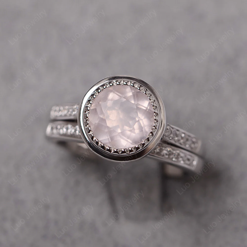 Vintage Style Rose Quartz Bridal Rings Set