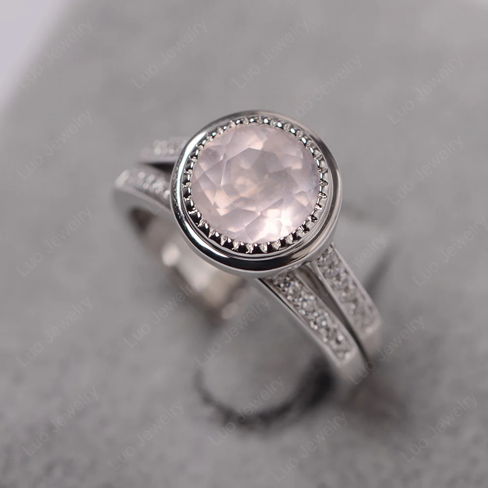 Vintage Style Rose Quartz Bridal Rings Set - Image 2