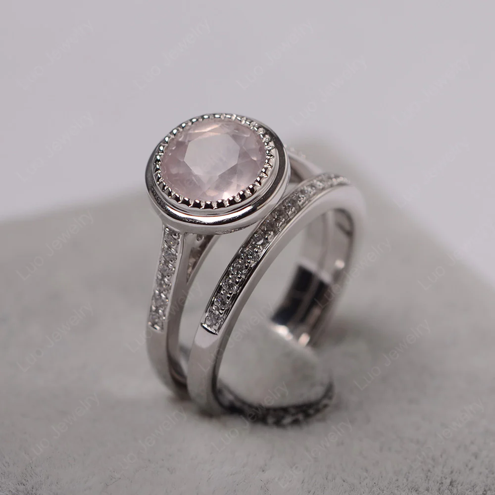 Vintage Style Rose Quartz Bridal Rings Set - Image 3