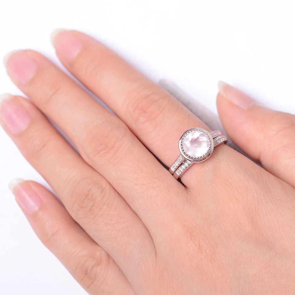 Vintage Style Rose Quartz Bridal Rings Set - Image 5