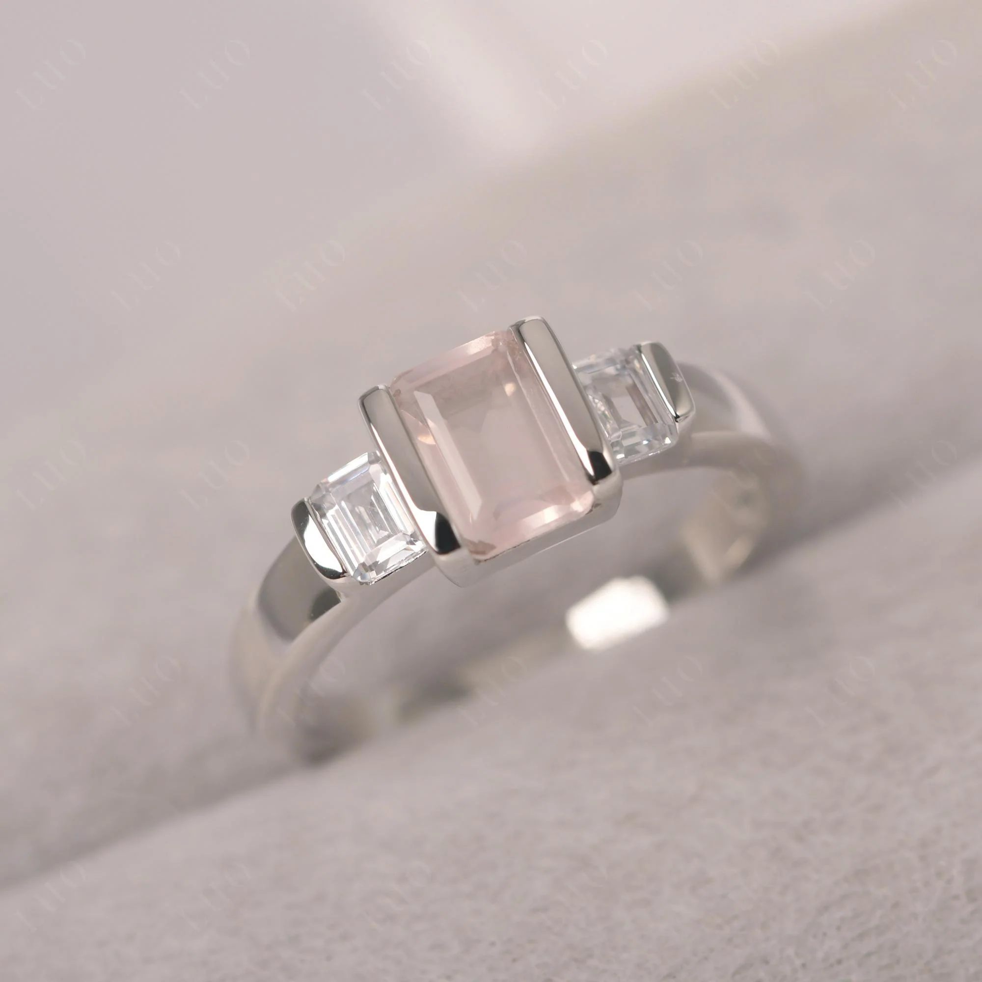 Vintage Rose Quartz Bezel Emerald Cut Ring - Image 10
