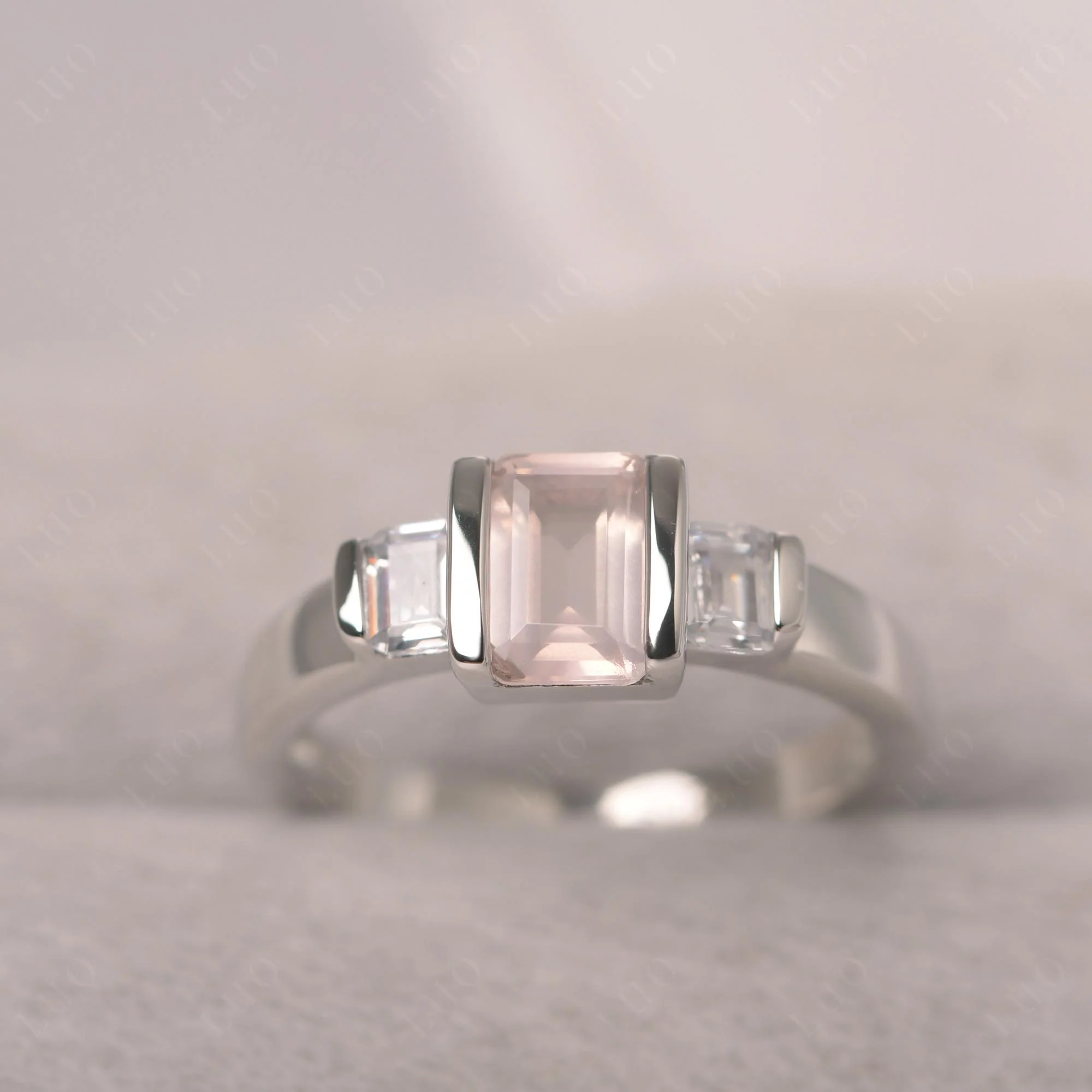 Vintage Rose Quartz Bezel Emerald Cut Ring - Image 11