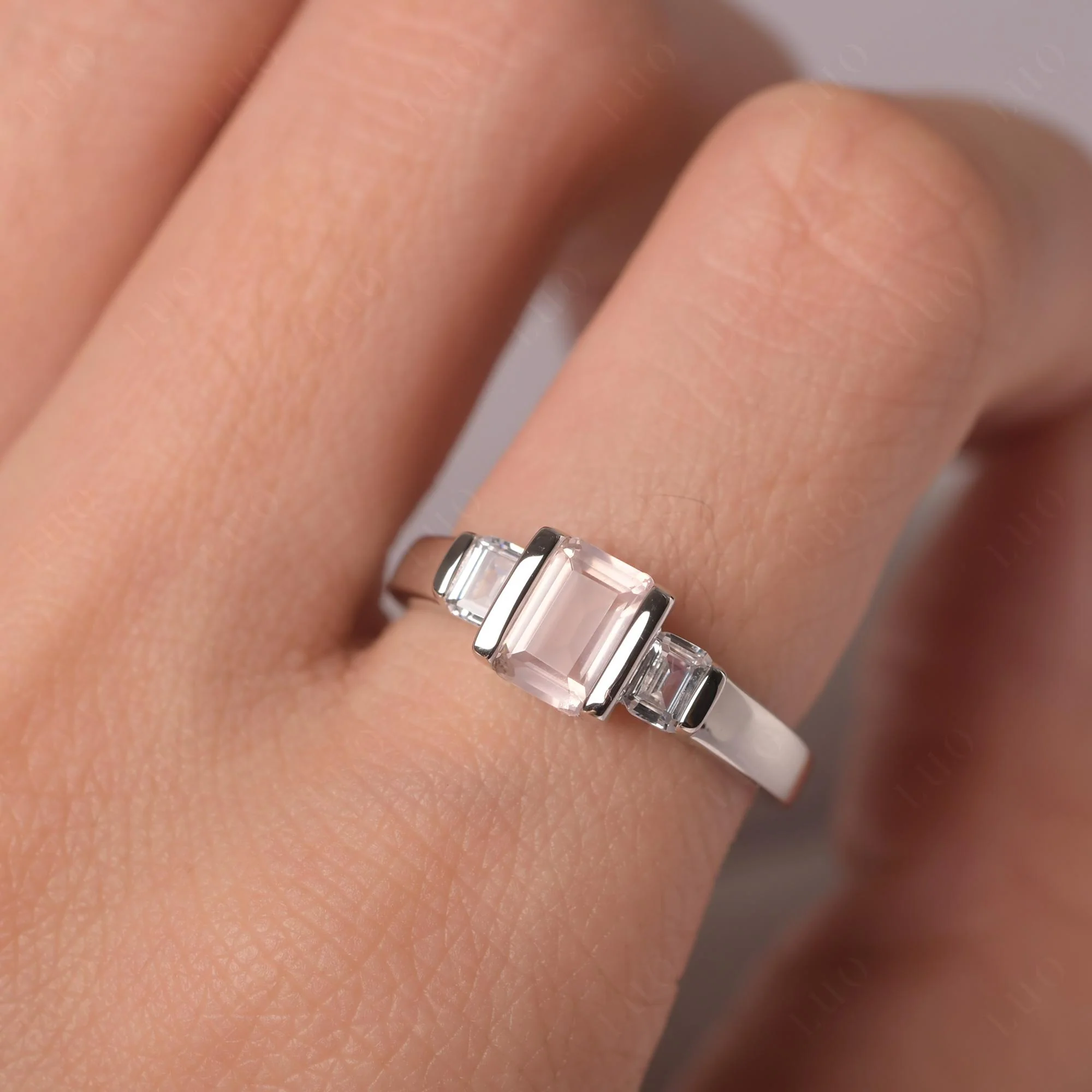 Vintage Rose Quartz Bezel Emerald Cut Ring - Image 14
