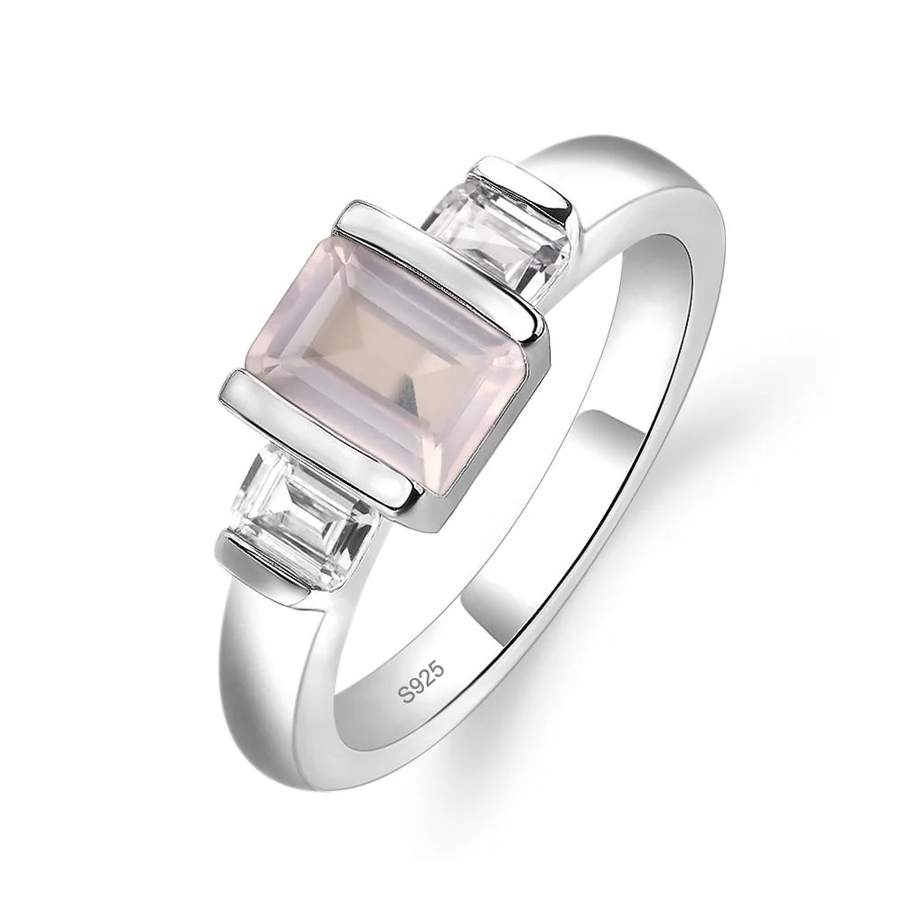 Vintage Rose Quartz Bezel Emerald Cut Ring - Image 2